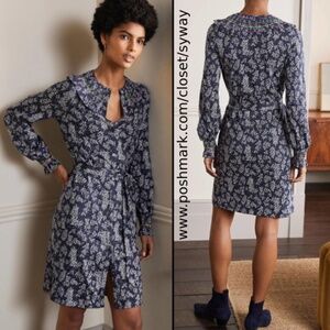 BODEN Smocked Detail Jersey Dress Button Down Shirt Dress with Pockets